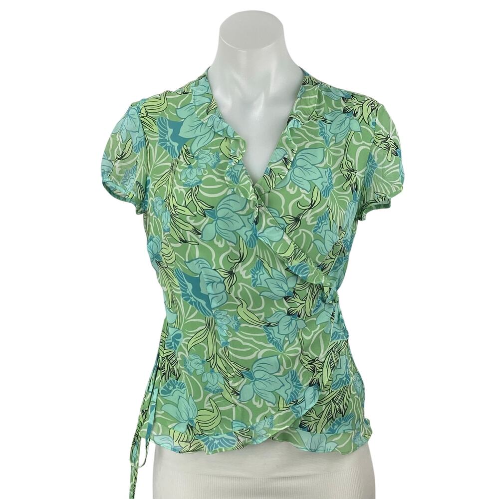 Ann Taylor LOFT Womens Green Floral Ruffle V Neck Short Sleeve Wrap Blouse Top 2